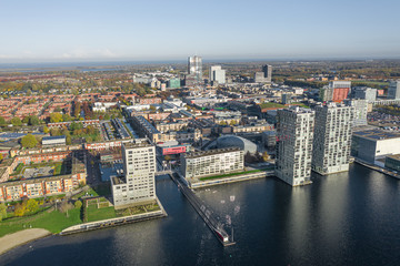 Fototapeta na wymiar Aerial shot of Almere city center with its unique modern architecture
