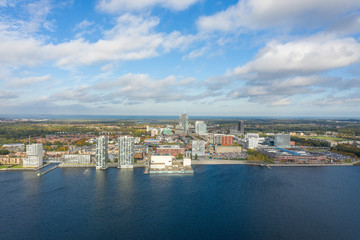 Fototapeta na wymiar Almere city center. Aerial wide shot.