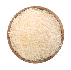 Plate with raw rice on white background