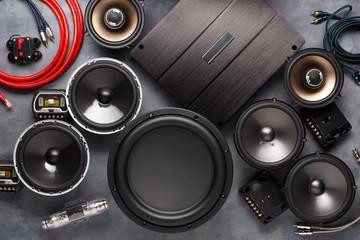 car audio, car speakers, subwoofer and accessories for tuning. - obrazy, fototapety, plakaty