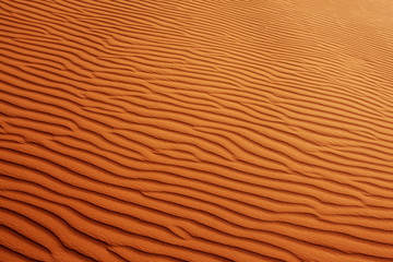 Wavy sandy texture on the dunes in the desert. View from above