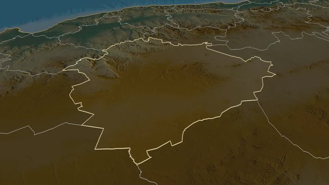 Tiaret, province with its capital, zoomed and extruded on the relief map of Algeria in the conformal Stereographic projection. Animation 3D