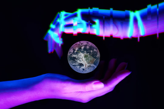 Earth between woman and robot's hands as symbol of partnership between people and technology for savety nature. Elements of this image are furnished by NASA