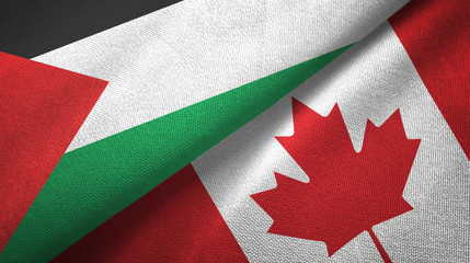 Fototapeta na wymiar Palestine and Canada two flags textile cloth, fabric texture