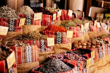 A wide selection of spices on the market in Dubai
