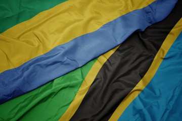 waving colorful flag of tanzania and national flag of gabon.