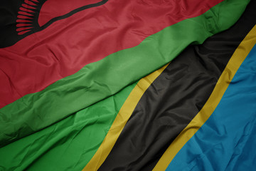 waving colorful flag of tanzania and national flag of malawi.