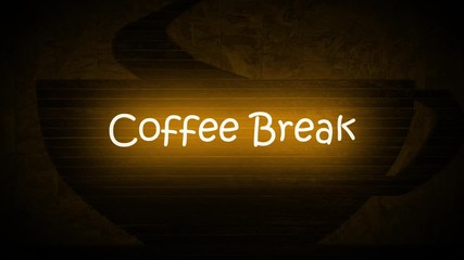 An animated neon COFFEE BREAK sign against a wooden cup in the background