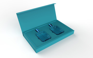 Two Glass perfume bottle mockup with open and closed package box on black background, 3d illustration.