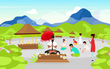 Meditating people flat vector illustration. Place of worship in mountains. Meditating pose. Indonesian religion. Buddhism. Men and women cartoon characters