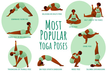 Fototapeta premium Popular yoga poses green vector infographic template. Body positive dark skin female. Poster concept design with flat illustrations. Advertising flyer, leaflet, banner with workflow layout idea