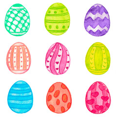 Watercolor illustration. Set of multi-colored easter eggs. Elements for easter stuff. Use for postcards, wrapping paper, stickers and website designs. Isolated on white. Stock illustration.