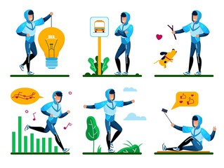 Fototapeta na wymiar Modern Man Happy Social Life and Active Lifestyle Trendy Flat Vector Concepts Set. Guy Waiting Transport on Bus Stop, Playing with Dog, Listening Music, Jogging Outdoors, Shooting Selfie Illustrations