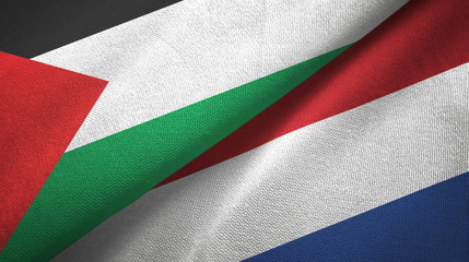Palestine and Netherlands two flags textile cloth, fabric texture
