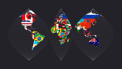 Map of the world with flags. Interrupted sinusoidal projection. Map of the world with meridians on dark background. Vector illustration.