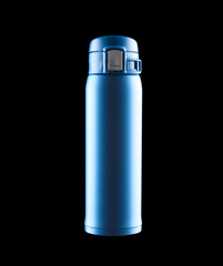 blue vacuum tumbler with safety lock on black background including clipping path