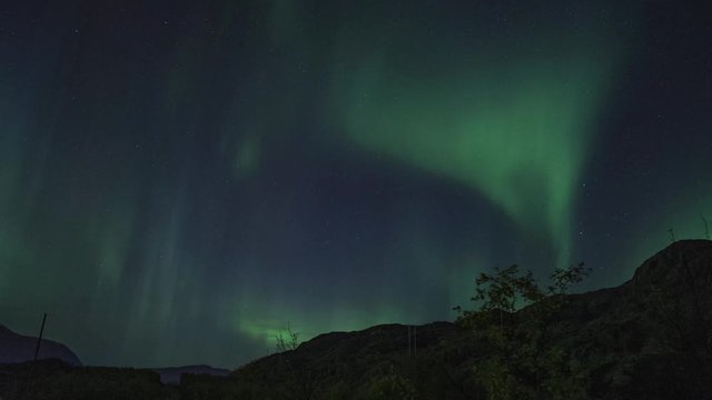 Northern lights, polar light or Aurora Borealis dancing night sky over mountain top in Northern Norway lofoten