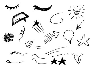 Vector hand drawn collection of design element. curly swishes, swoops, swirl, arrow, heart, love, crown, leaf, star, sun burst, firework, highlight text and emphasis element. use for concept design
