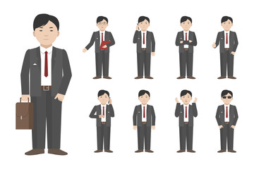 Young Asian man standing in different poses. Vector illustration.