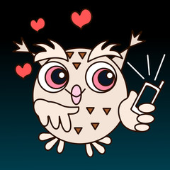 Emoticon with a cool owl, which stands with a pleased look and holds in her hand a mobile phone from which the bell rings, an emoticon on a black and blue background with pink hearts