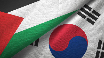 Palestine and South Korea two flags textile cloth, fabric texture