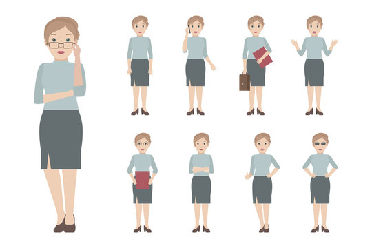 Young Caucasian woman standing in different poses. Vector illustration.