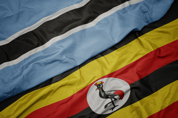 waving colorful flag of uganda and national flag of botswana.