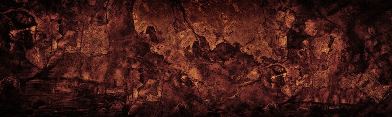 Old cracked concrete wall wide texture. Dark copper red gloomy grunge long panoramic background