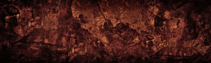 Foto op Plexiglas Old cracked concrete wall wide texture. Dark copper red gloomy grunge long panoramic background © JAYANNPO