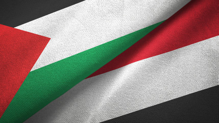 Palestine and Yemen two flags textile cloth, fabric texture