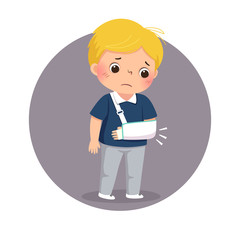 Vector illustration of cartoon sad boy looking at his broken arm in cast. Health Problems concept.