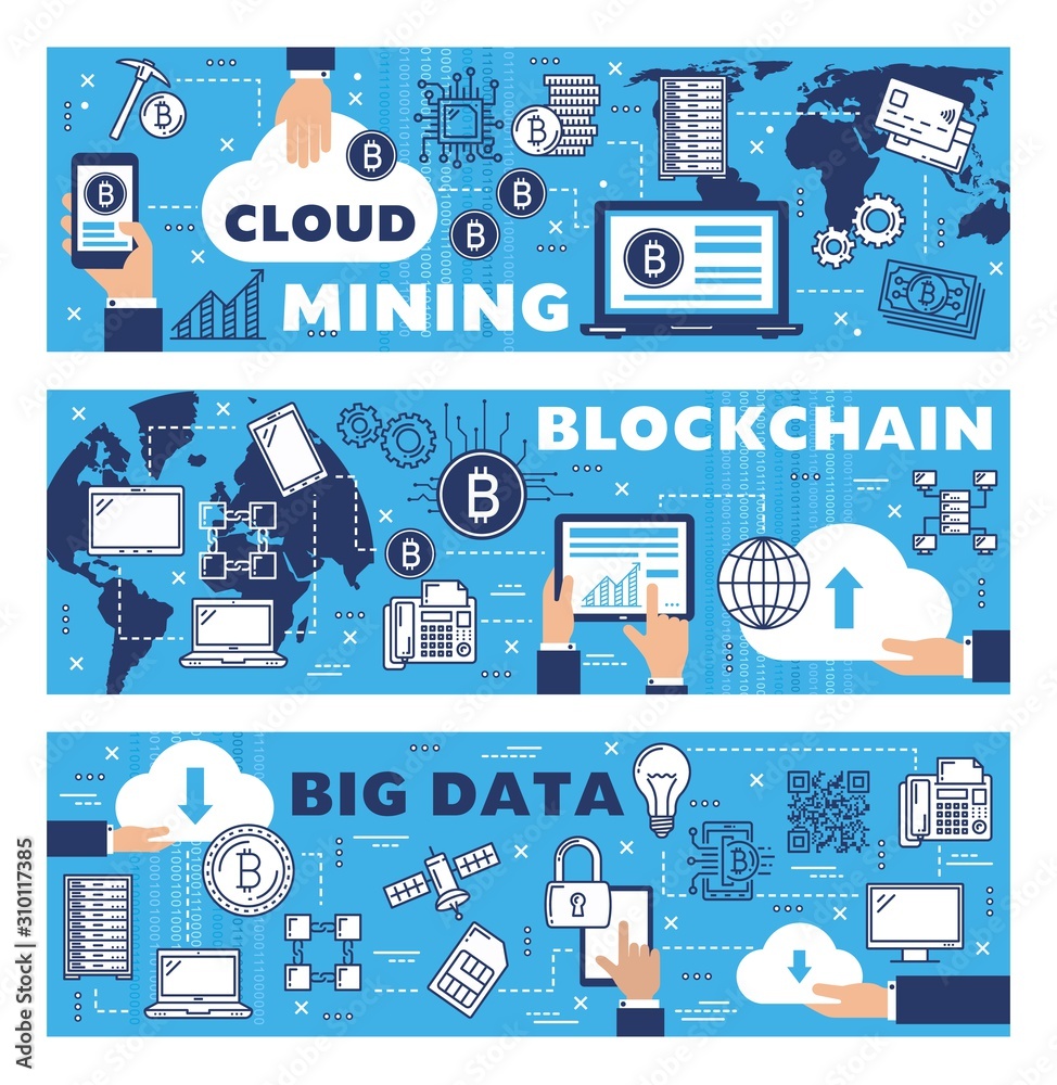 Aufkleber bitcoin mining, cryptocurrency blockchain and internet data storage on computer cloud. vector digita
