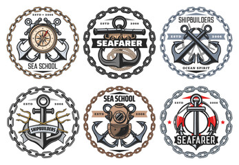 Nautical ship anchor and vintage aqualung icons, ocean spirit and seafarer captain signs. Vector sea school badge, marine heraldic symbols of frigate cannon and crossed boat anchor in chain © Vector Tradition