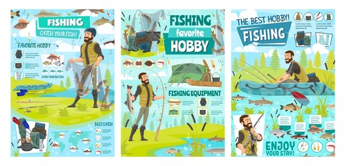 Sea fishing sport and big fish catch hobby, fisher tackles, lures and equipment infographics. Vector fisherman in rubber boat at river with rod, fisherman camping tent and seafood baits