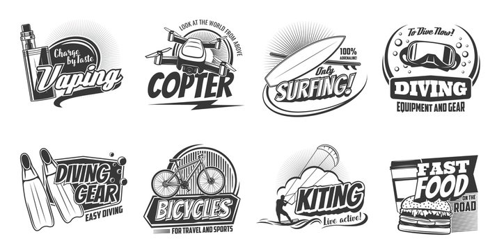 Sports activity and hobby leisure entertainment icons. Vector scuba diving school and equipment shop, vaping e-cigarette and ocean surfing, sea kiting and street fast food cafe sign