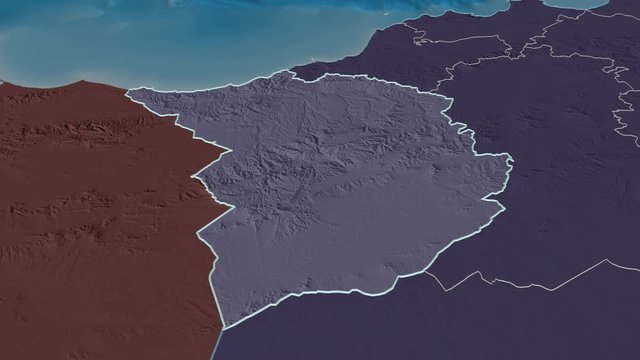Tlemcen, province with its capital, zoomed and extruded on the administrative map of Algeria in the conformal Stereographic projection. Animation 3D
