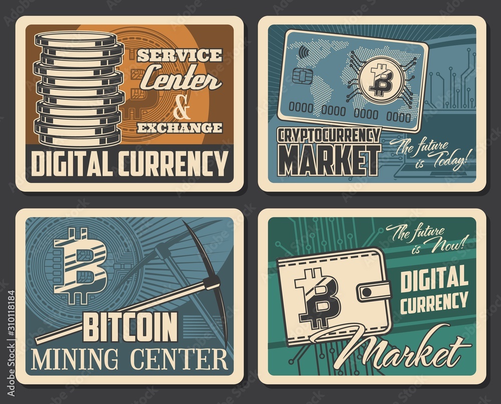 Leinwandbilder bitcoin mining, cryptocurrency market and digital money blockchain technology retro vintage posters.