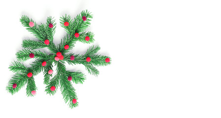 Fototapeta na wymiar snowflake made of spruce branches. horizontal banner. new year minimal concept. flat lay, top view