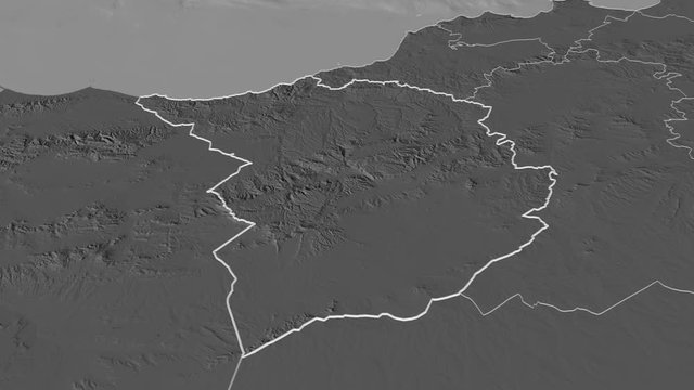 Tlemcen, province with its capital, zoomed and extruded on the bilevel map of Algeria in the conformal Stereographic projection. Animation 3D