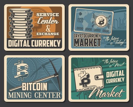 Bitcoin mining, cryptocurrency market and digital money blockchain technology retro vintage posters. Vector bit coins exchange and crypto currency wallet, virtual block chain and payment transactions