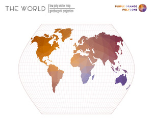 Low poly world map. Ginzburg VIII projection of the world. Purple Orange colored polygons. Beautiful vector illustration.