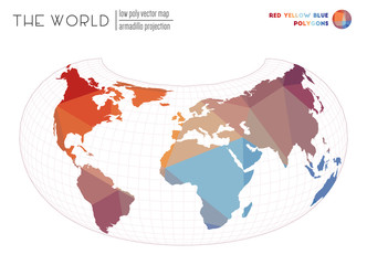 Low poly world map. Armadillo projection of the world. Red Yellow Blue colored polygons. Modern vector illustration.