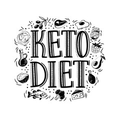 Obraz premium Hand drawn Keto Diet title design surrounded by keto friendly foods. Ketogenic diet for healthy weight loss. Vector illustration for web banners, posters and covers. 