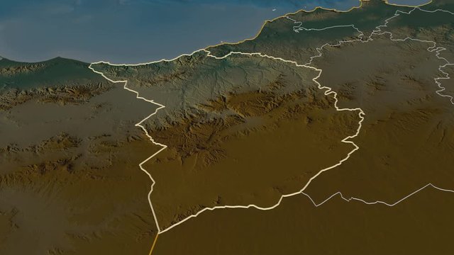 Tlemcen, province with its capital, zoomed and extruded on the relief map of Algeria in the conformal Stereographic projection. Animation 3D