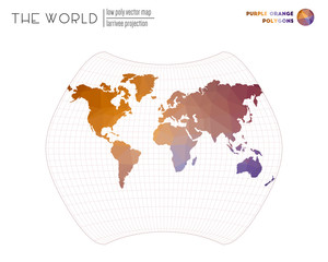 Low poly design of the world. Larrivee projection of the world. Purple Orange colored polygons. Beautiful vector illustration.