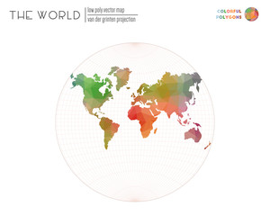 World map with vibrant triangles. Van der Grinten projection of the world. Colorful colored polygons. Amazing vector illustration.