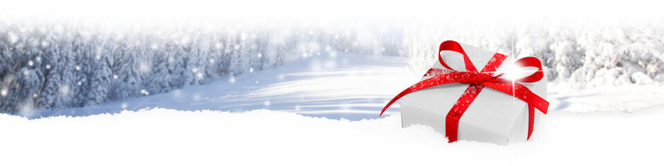 Gift with Red Ribbons on Winter Forest Background