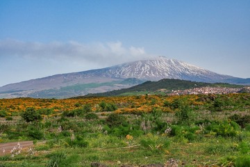 snovy volcano Etna National Park from Maletto, Sicily, Italy