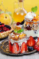 Layer fruit dessert in glass container