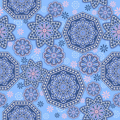 Seamless ornamental oriental pattern. Repeating geometric tiles with mandala. Vector laced decorative background with floral and geometric ornament. Indian or Arabic motive. Boho festival style